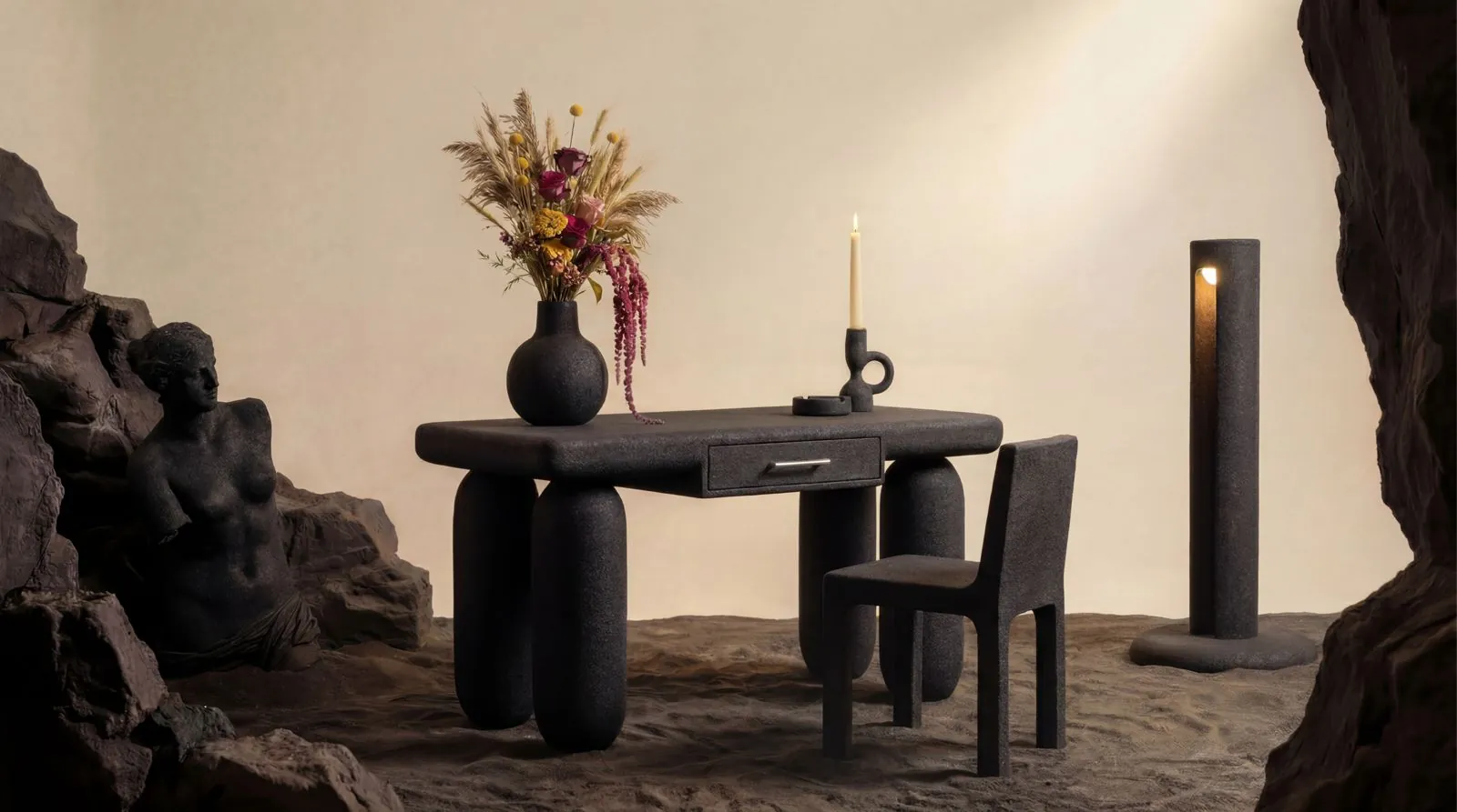 Furniture and objects in black sand by Blacksand Lab