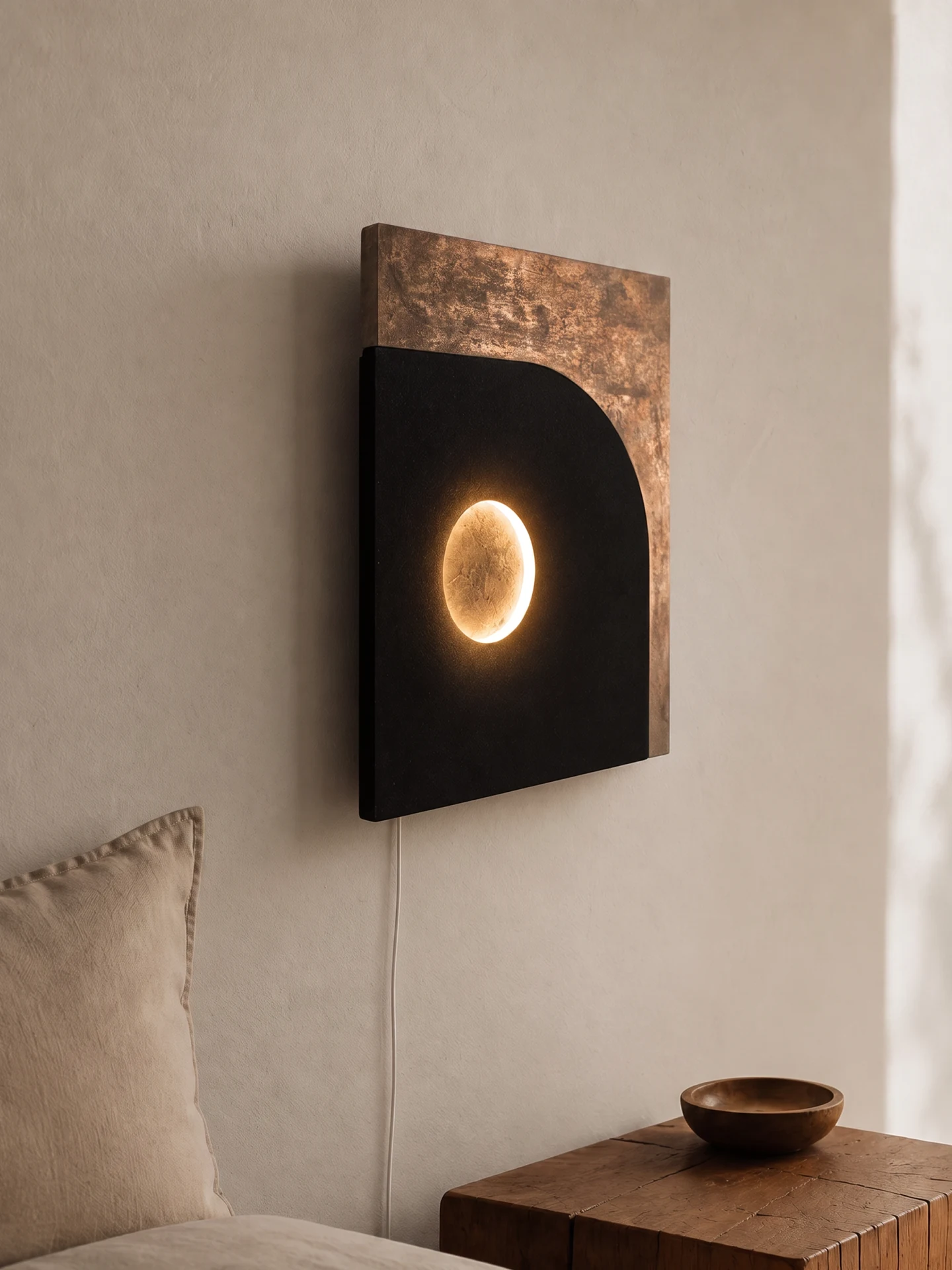 Strata Wall Light, black quartz sand + metal or wood surface, by Rollo Studio