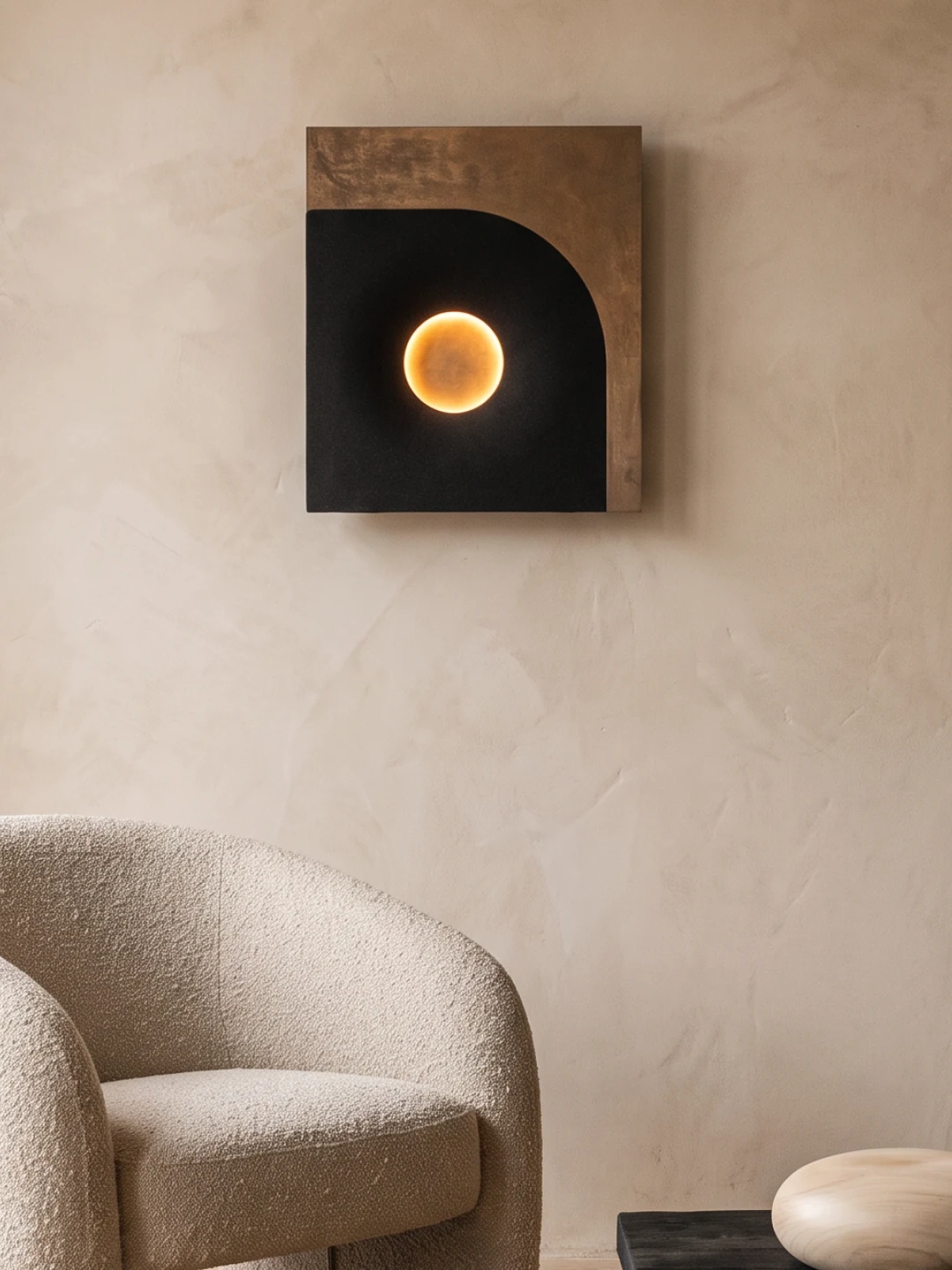 Strata Wall Light, black quartz sand + metal or wood surface, by Rollo Studio, view 4