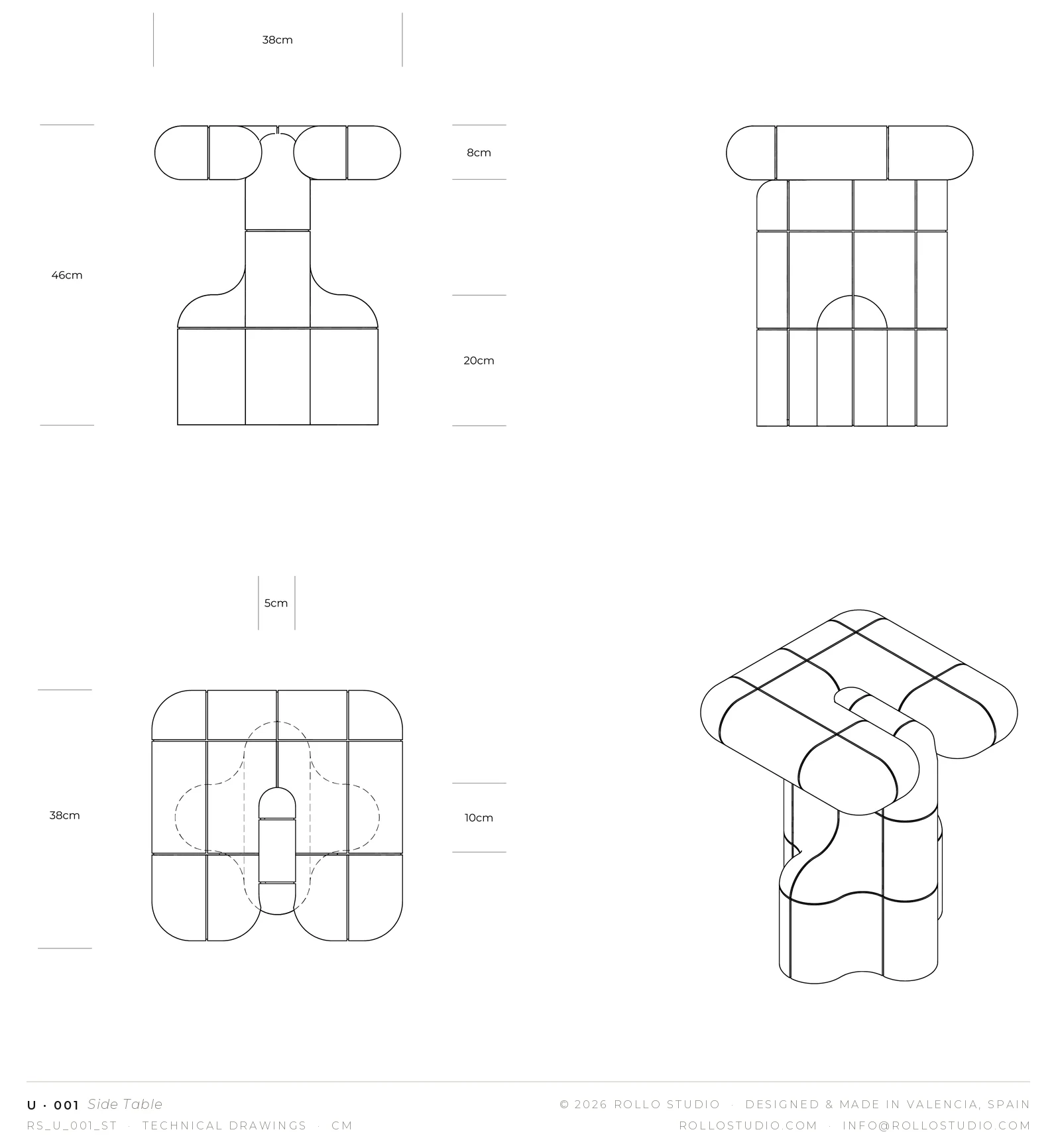 U·001 Side Table technical drawings (RS_U_001_ST). © Rollo Studio