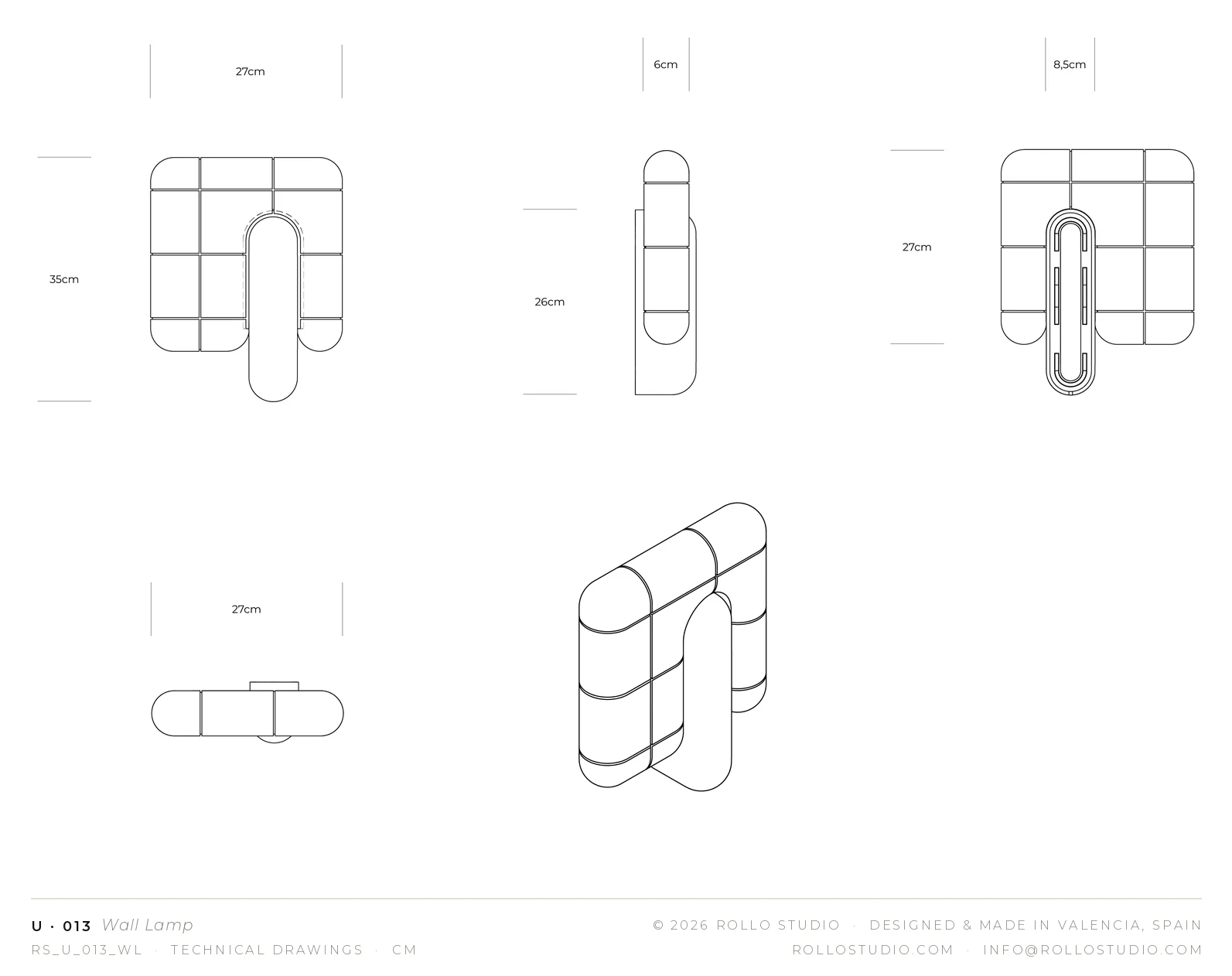 U·013 Wall Lamp technical drawings (RS_U_013_WL). © Rollo Studio