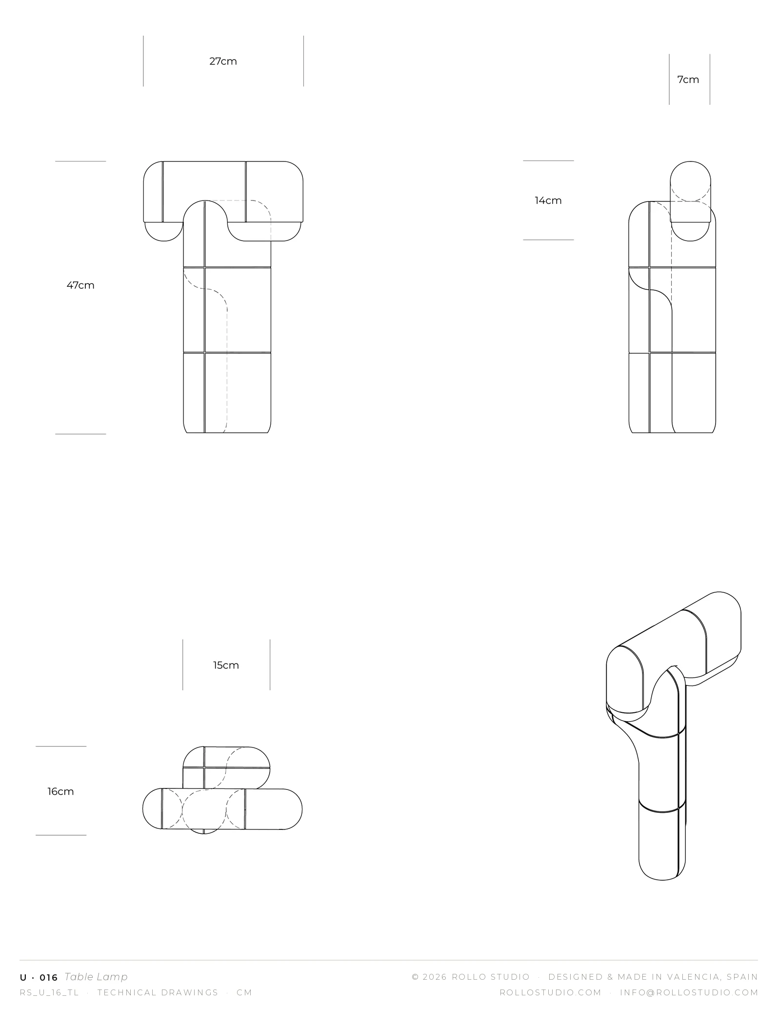 U·016 Table Lamp technical drawings (RS_U_16_TL). © Rollo Studio