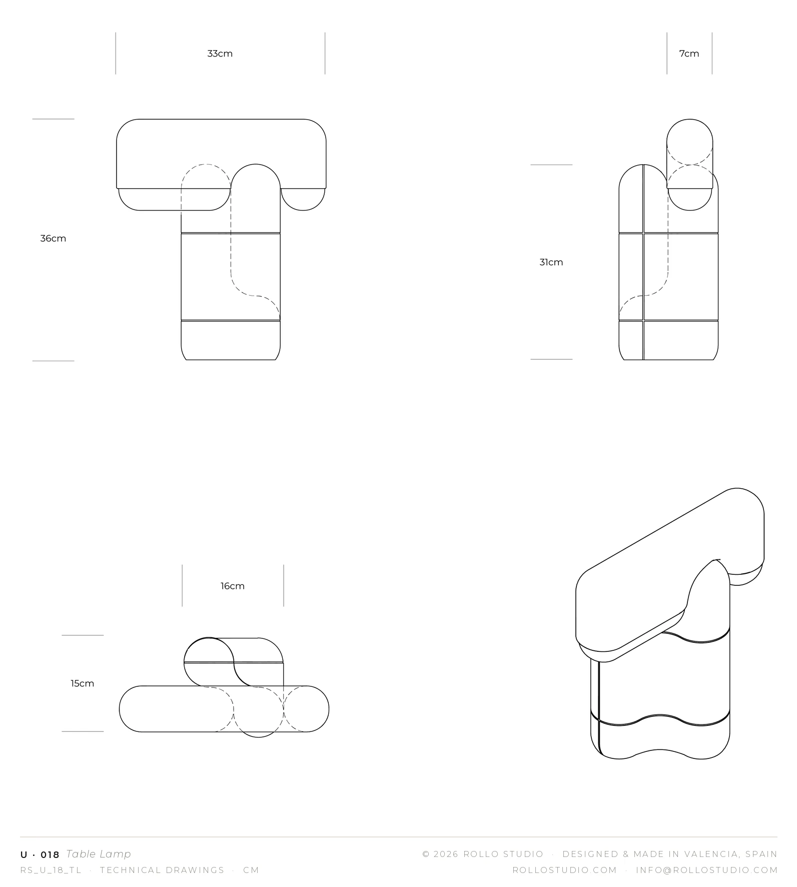 U·018 Table Lamp technical drawings (RS_U_18_TL). © Rollo Studio